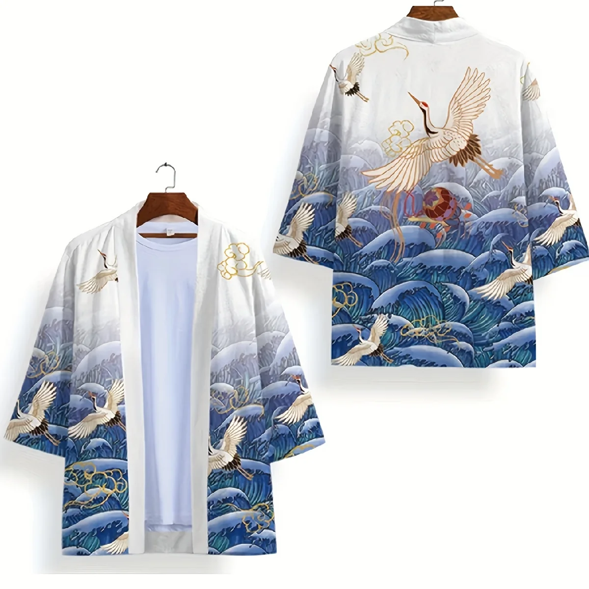 Animal Bird Patterns Crane Waves Asian Traditional Costume Print Kimono Men Women Yukata Haori Harajuku Cosplay Cardigan Costume