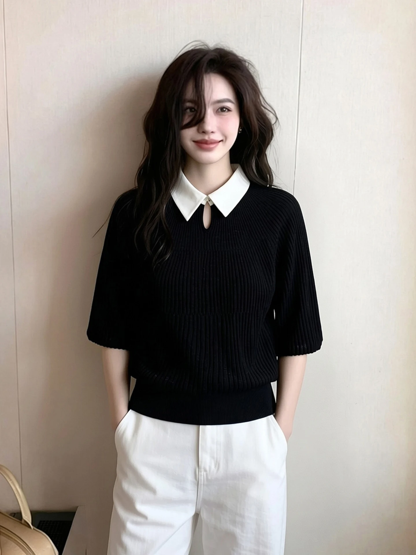 

Spring Summer Unique Color Block Collar Pullover Knitwear Casual Versatile Youthful Short Sleeve Top Korean Style Loose Fit