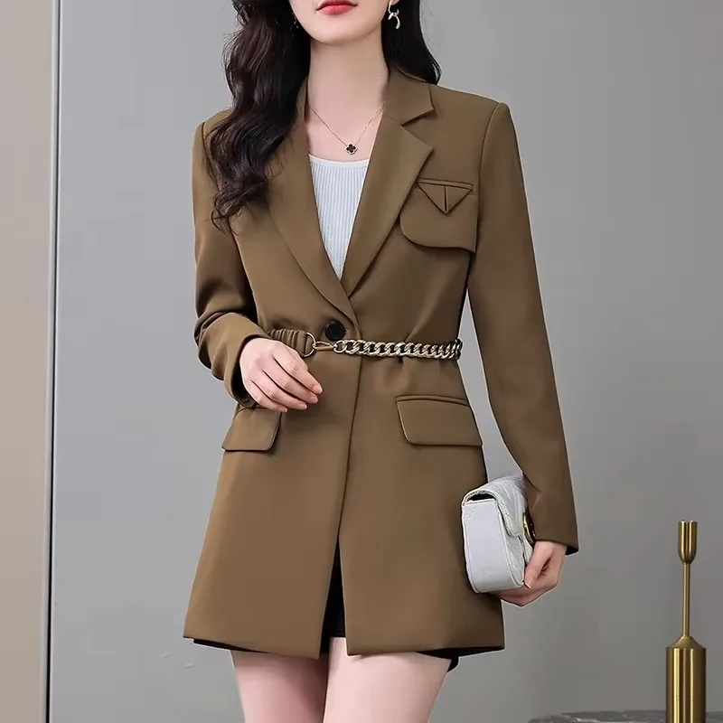 Korean 2025 Spring Autumn Jacket Women's High-End High Street Suit Long-Sleeved Top Cardigan Jacket Ladies Blazer Lace-Up Brown