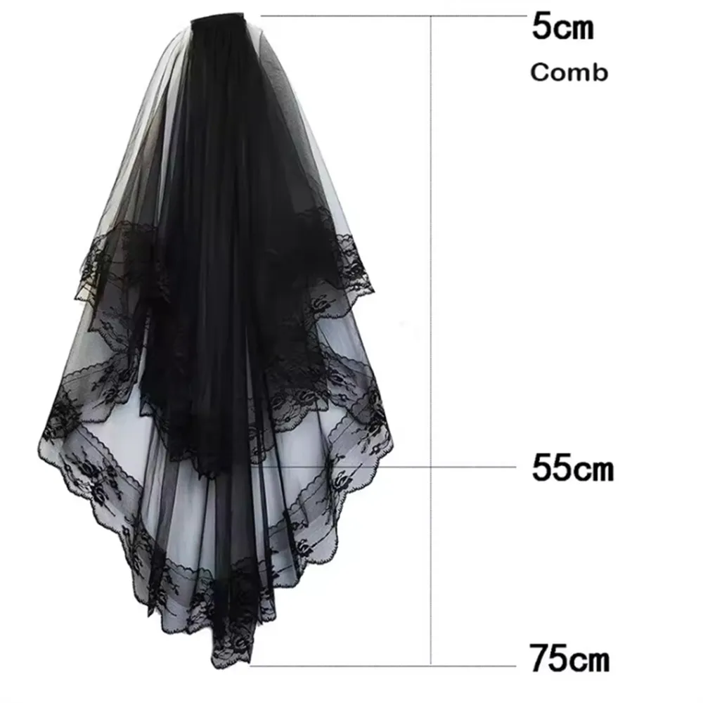 

Women Bridal Wedding Veil with Lace Edge Marriage Two Layers Black White Veils with Comb Cosplay Costume Hair Accessories