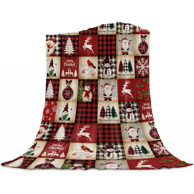 

Merry Christmas Red Plaid Blanket Super Soft Flannel Fleece Throw Blankets Elk Santa Snowman Xmas Tree Plaid Lightweight Cozy