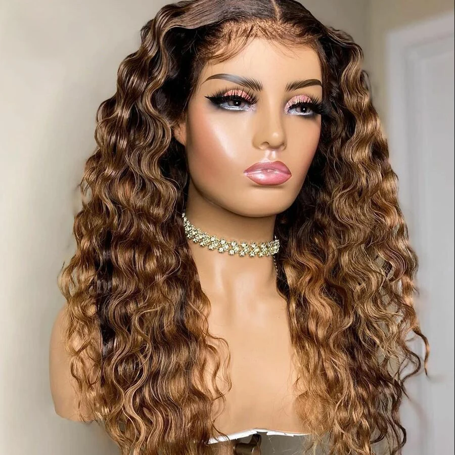 Perruque Lace Front Wig synthétique bouclée 26 pouces, cheveux longs, pre-plucked, ombré, blond, brun, doux, densité 180, Deep Wave, pour femmes noires