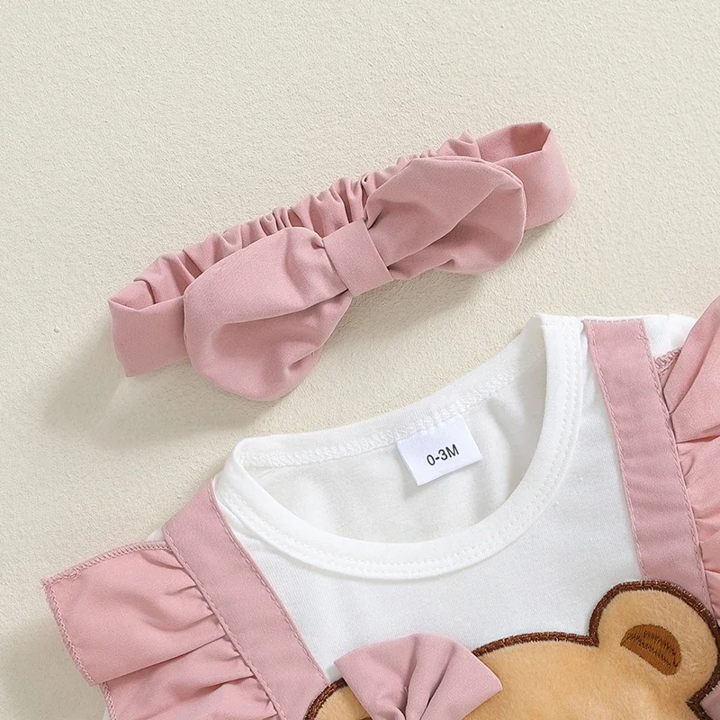 Baby Girl Fall Romper Dress Bear Embroidery Long Sleeve Fake Two Pieces Jumpsuit with Bow Headband
