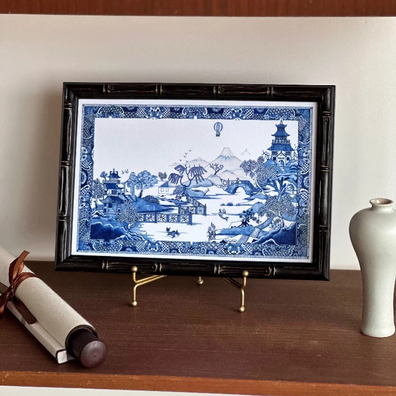 

Blue and white porcelain plate bamboo solid wood frame soft decoration table decoration painting