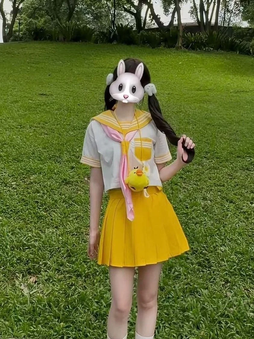 Japanese Style Basic Yellow Sailor Suit Short Sleeve JK Uniform School Uniform Soft Girl Set Shirt Women's Fashion Set view 4