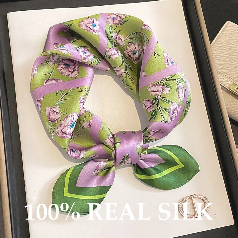 

2026 New Fashion 100% Real Silk Women Summer Square Shawl Wrap Female Hijab Luxury Lady Handbag Headband Ribbon Echarpes Stoles
