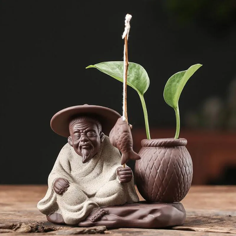 Purple Clay Old Man Fishing Flowerpot Tea Pet Plant Pot Hydroponic Plants Vase Desktop Ornaments Garden Home Decor