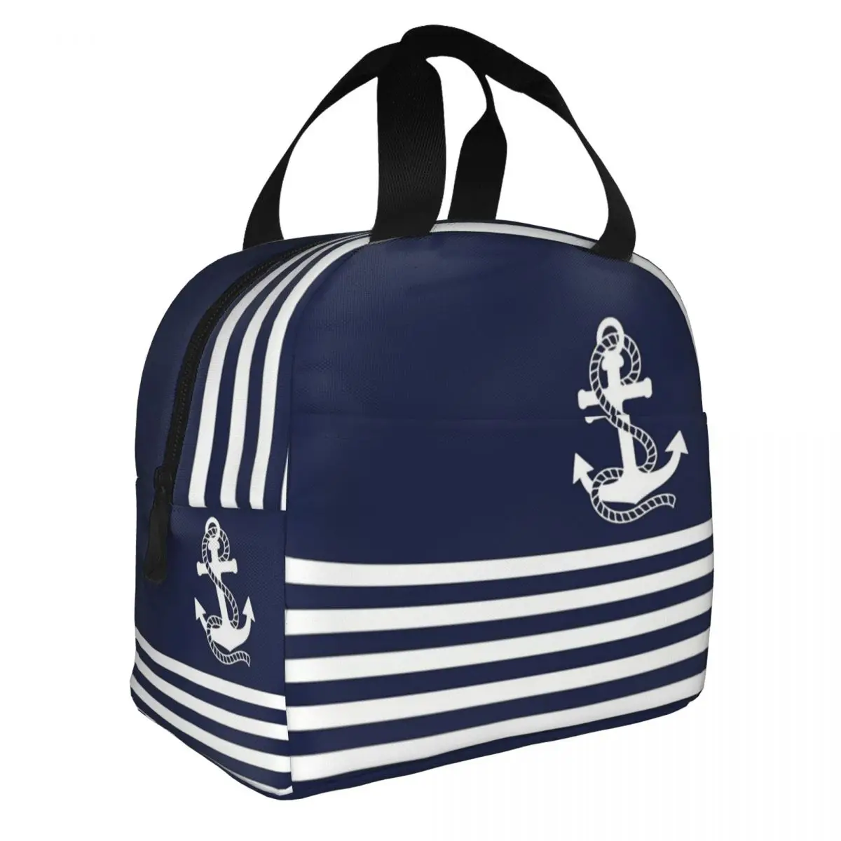 Nautical Navy Blue Stripes White Anchor Insulated Lunch Bags Leakproof Meal Container Cooler Bag Tote Lunch Box Food Storage Bag