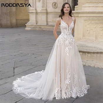 Roddrsya espaguetis tirantes Apple vestidos de novia letra a encaje barrieRODDRSYA-vestido de novia con tirantes finos, traje de novia con apliques, línea A, encaje, tren de barrido, hecho a medida, espalda descubierta