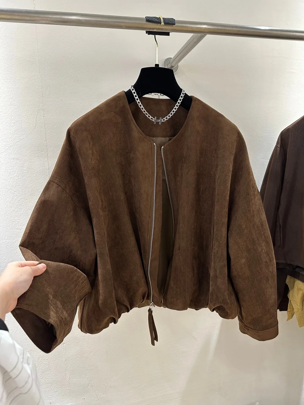 

Retro Sle Zipper Suede Jaet Loose Fit round Ne Top for Women Faionable Spring Autumn Outerwear Casual Warmth