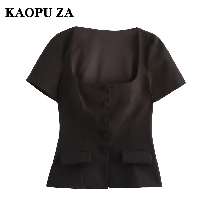 KAOPU ZA 2024 Autumn New Woman Streetwear Square Collar Jacket Fashion Lady Short Sleeve Short Coat Ruffles Regular Fit Pockets