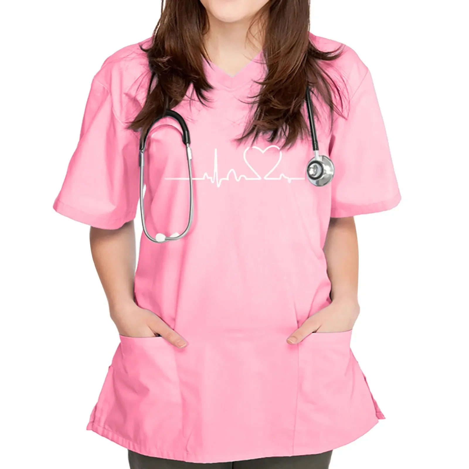 Uniforme d'infirmières à imprimé cœur pour femmes, manches courtes, col en V, uniforme de travail en Y, chemisier à poche imprimée, uniformes de toilettage pour animaux de compagnie, nouveau