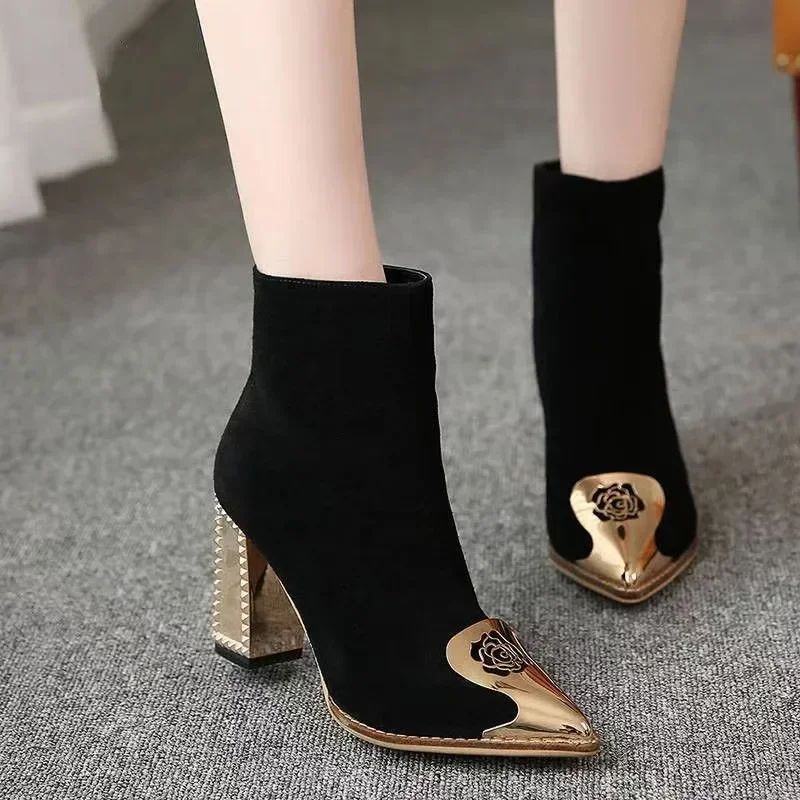 Women Pointed Toe Rivets High Heels Pumps Shoes Woman Thick Metal Heeled Rubbber Ankle Boots Floral Black Short Boots women