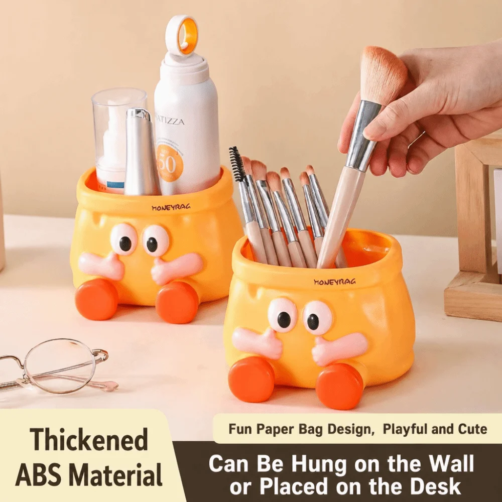 Paper Bag Shape Cartoon Pen Holder ABS Wall Mounted Desk Storage Box Wide Opening Makeup Brush Holder Desktop Storage Organizer