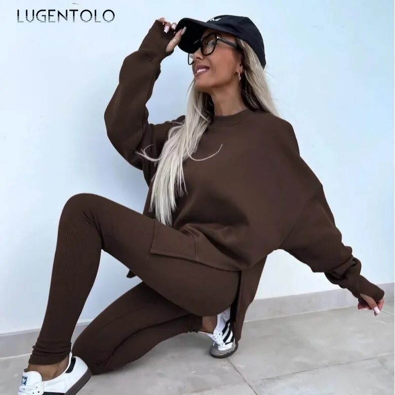 Women Sweatshirt 2 Piece Set Loose Casual Pullovers Oversized Slit O-neck Tops Yoga Ribbed Leggings Fashion Street Outfits