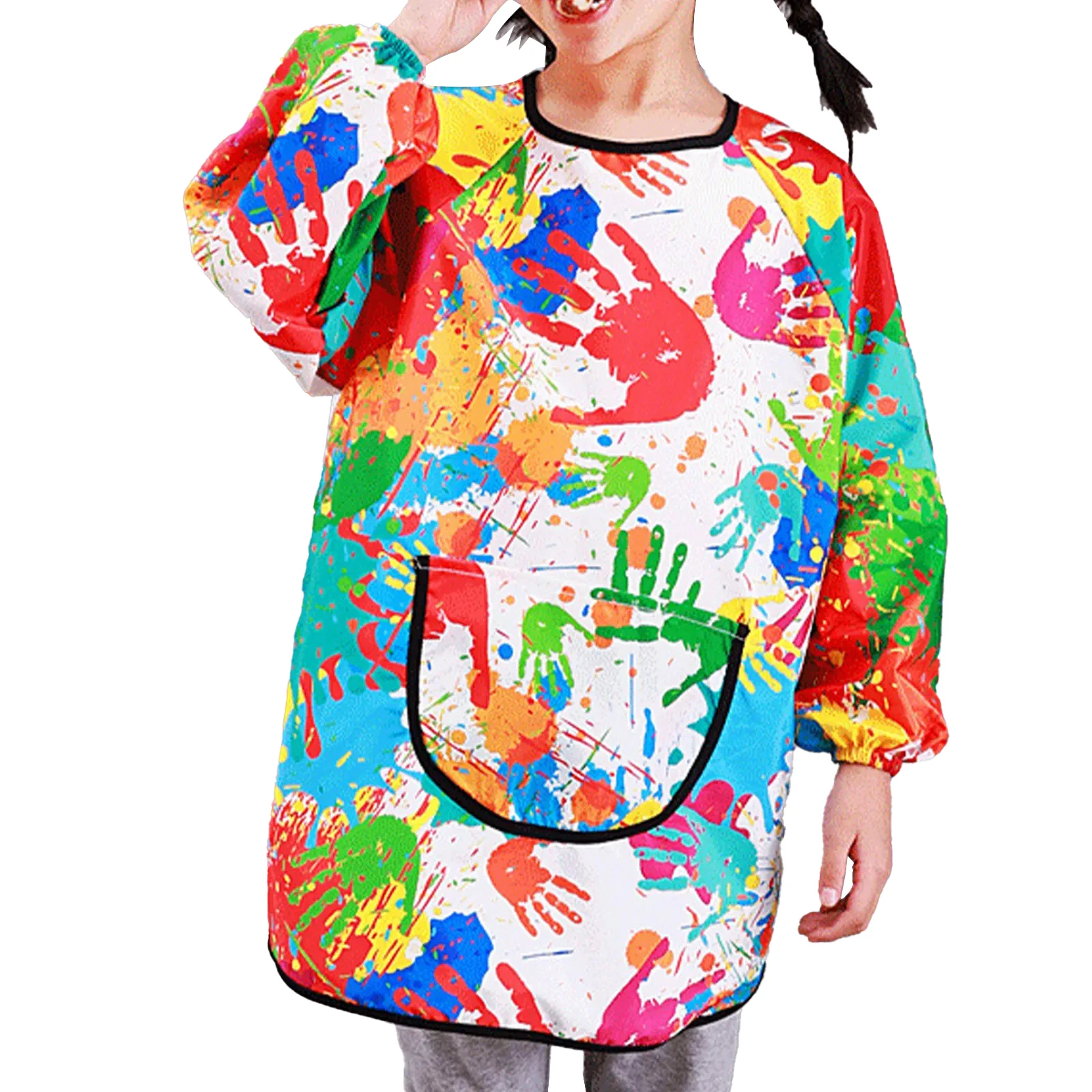 

New Children Waterproof Colorful Print Apron Long Sleeve Kitchen Cooking Baking Apron with Pocket Kids Mess-proof Painting Apron