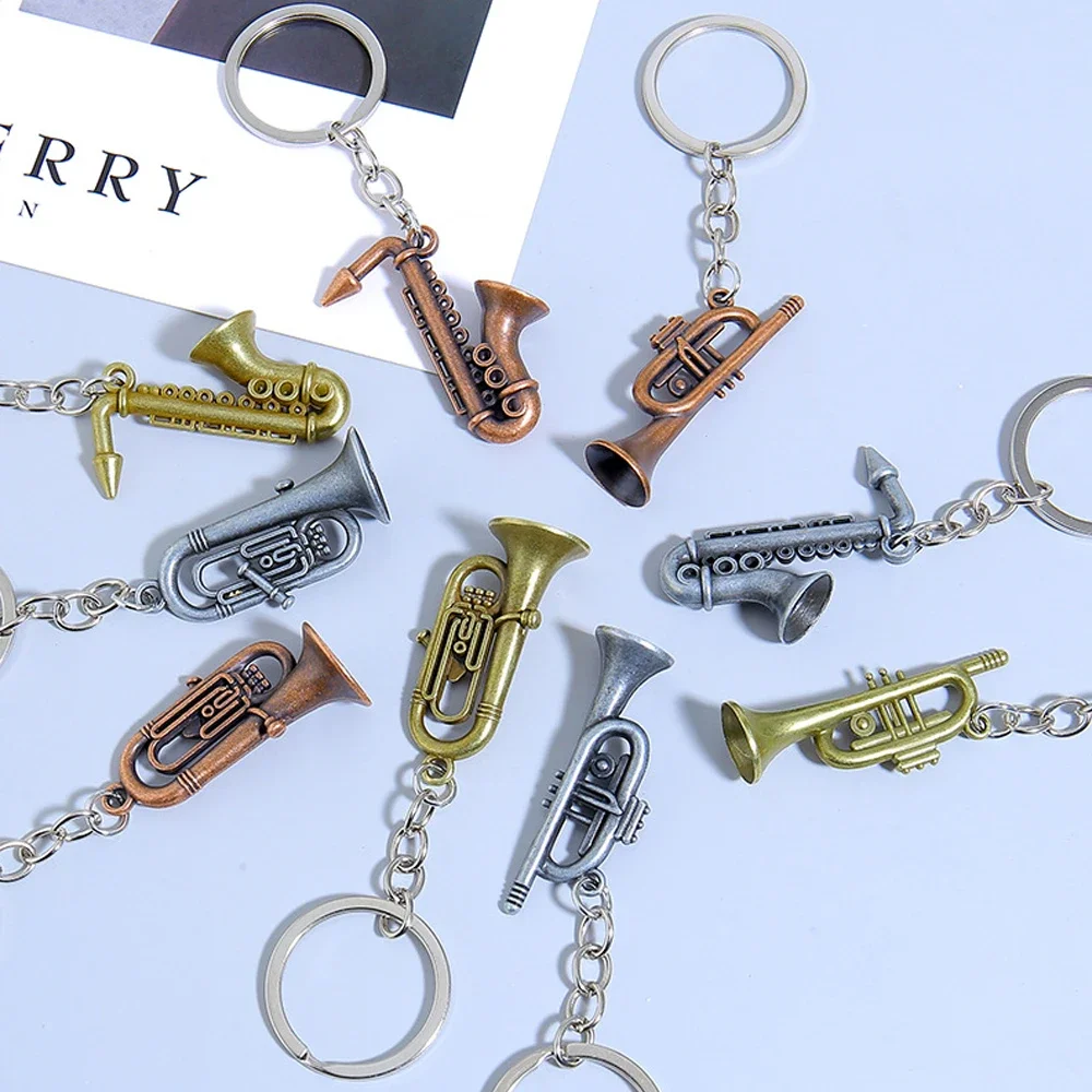 Miniature Musical Instrument Keychains Retro Metal Saxophone Trumpet Tuba Keyring Bag Decor Music Themed Gift For Music Lovers