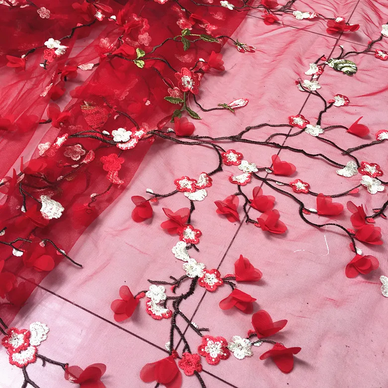 Red 3D chiffon flower plum blossom bird embroidery mesh fabric gift clothing fabric