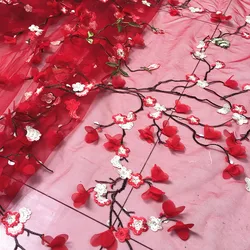 Red 3D chiffon flower plum blossom bird embroidery mesh fabric gift clothing fabric