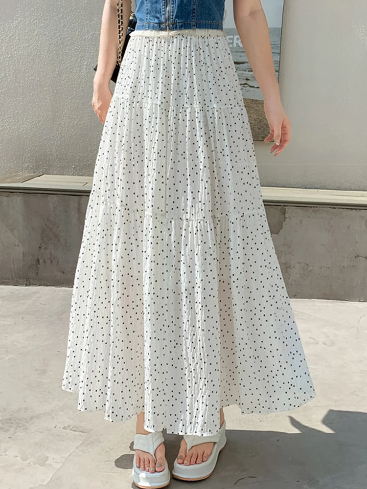 

2025 Summer New Floral Pleated Umbrella Skirt for Women High Waisted Retro Polka Dot Printed Patchwork Long Skirt S25