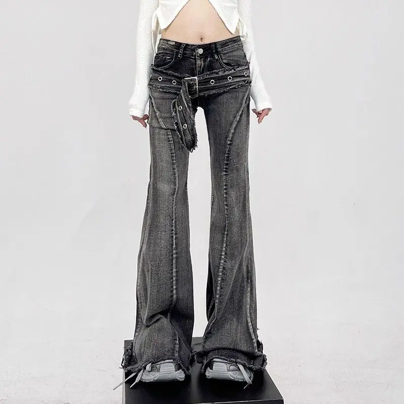 

Early spring black micro-pull jeans women's new design sense small belt slim and thin mopping horseshoe pants