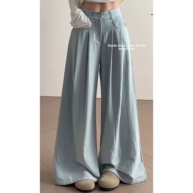 กางเกงขายาวทรงหลวมสีน้ำเงิน ผ้าพลีท เนื้อผ้าบางเบา ใส่สบาย เหมาะสำหรับฤดูร้อน ผู้หญิง ทรงตรง เอวสูง ช่วยพรางหุ่น