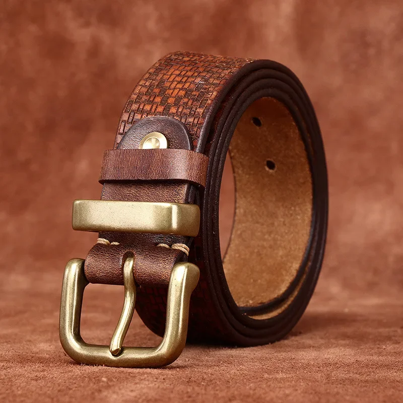 

3.8CM Pure Cowhide High Quality Genuine Leather Belts for Men Embossing pattern Strap Male Designer Brass Buckle Jeans Cowboy