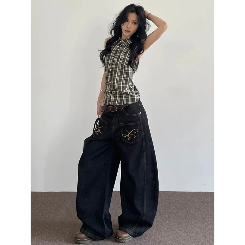 Pantalones vaqueros bordados Vintage para mujer, Pantalón recto de cintura alta, estilo Hip Hop, ropa de calle Harajuku Y2K, pantalones vaqueros de pierna ancha, otoño 2025