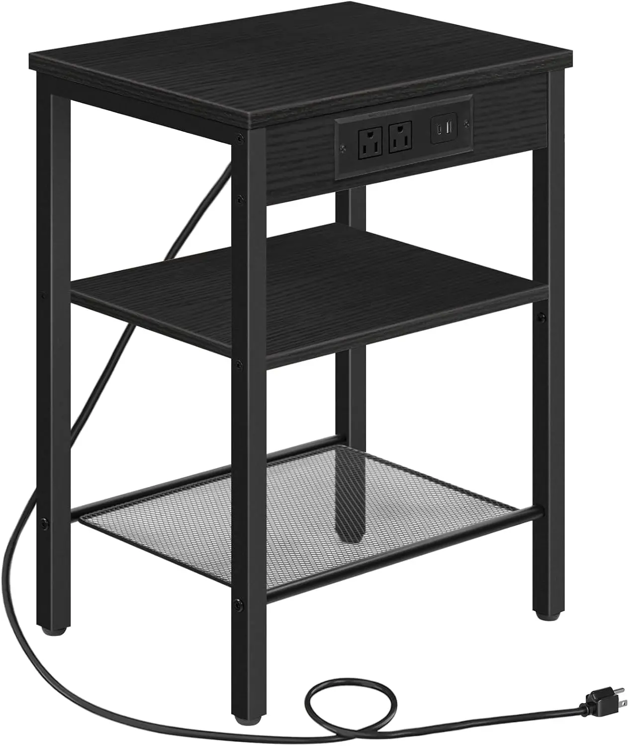 

Small Side Table with Charging Station, USB Ports, Adjustable Shelves for Living Room, Bedroom, Black