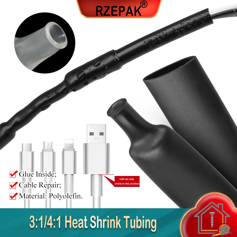 1~10m 3:1/4:1 Ratio Dual Wall Heat Shrink Tube Diameter 1.6- 50mm Adhesive Lined Polyolefin ﻿Wrap With Glue Cable Protect Sleeve