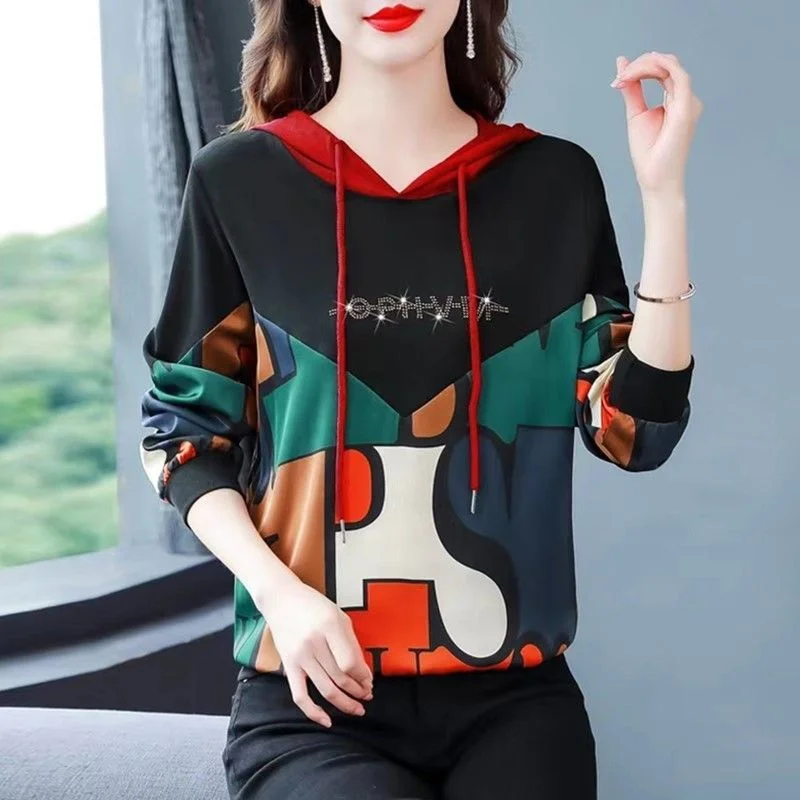 Popular Online Autumn Women Fashion Hoodie with Hot Diamond Splice Western Printed Loose Contrast Color Long Sleeve Sweatershirt