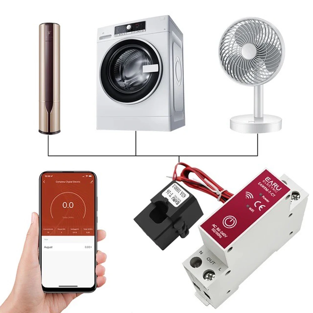 

WiFi Din Rail Smart Energy Meter 80-240V 63A with Current Transformer Clamp KWh Power Monitor Electricity Statistic Device