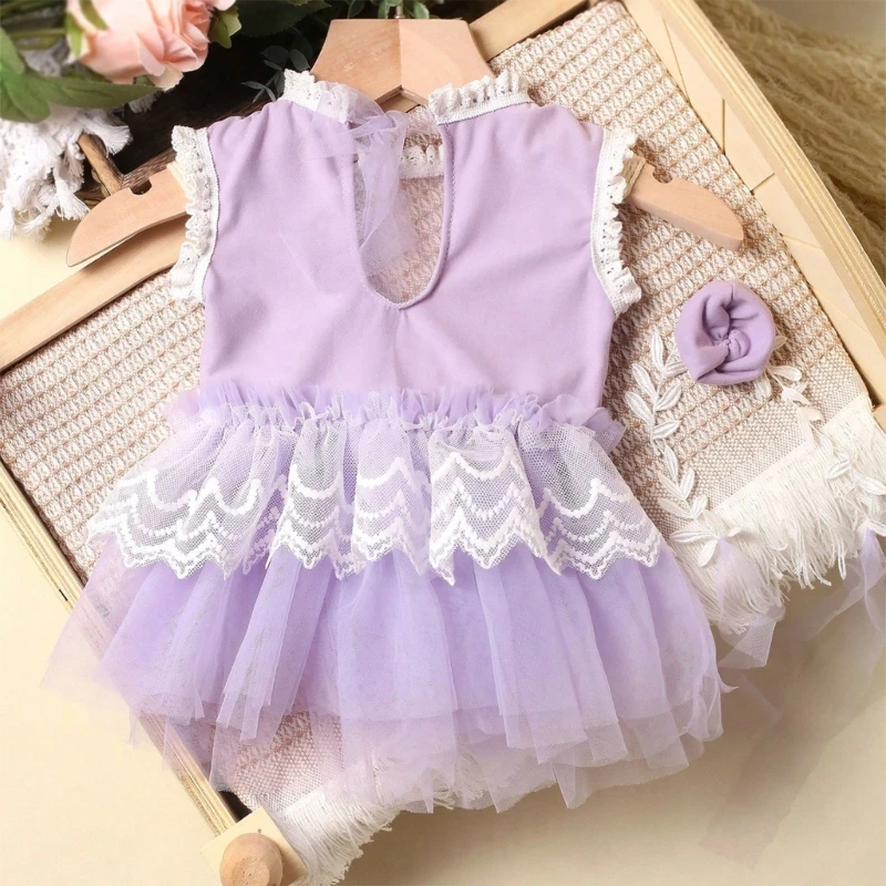 Newborn Photography Costume Set Newborn Mesh Lace Dress with Decorative Headband