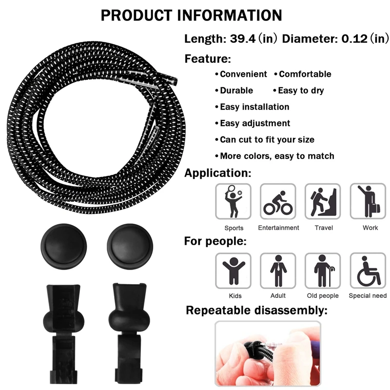 스니커즈용 탄성 노타이 신발끈, 스트레칭 잠금 장치, 레이지 레이스, 빠른 고무 신발끈, 원형 신발끈, 1 쌍