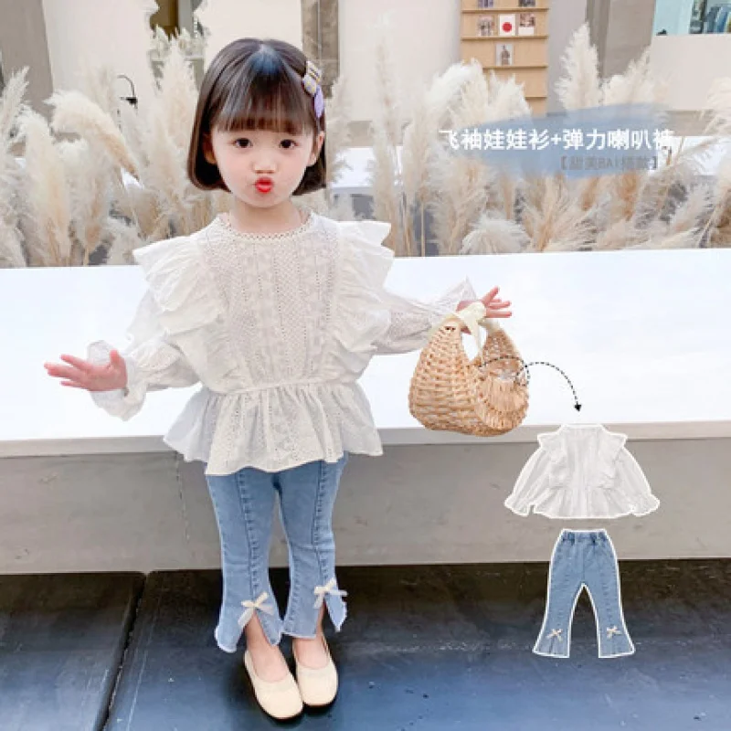 

Autumn New Online Influencer Fashion Girls' Two-Piece Dress Lace Top plus Denim Bell-Bottom PantsWS