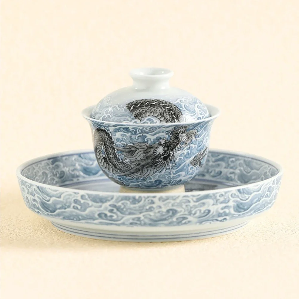 Jingdezhen Ceramic Bihai Molong Cover Bowl High-end Master Cup Press Cup Underglaze Color Pot Bearing High-end Kung Fu Tea Set