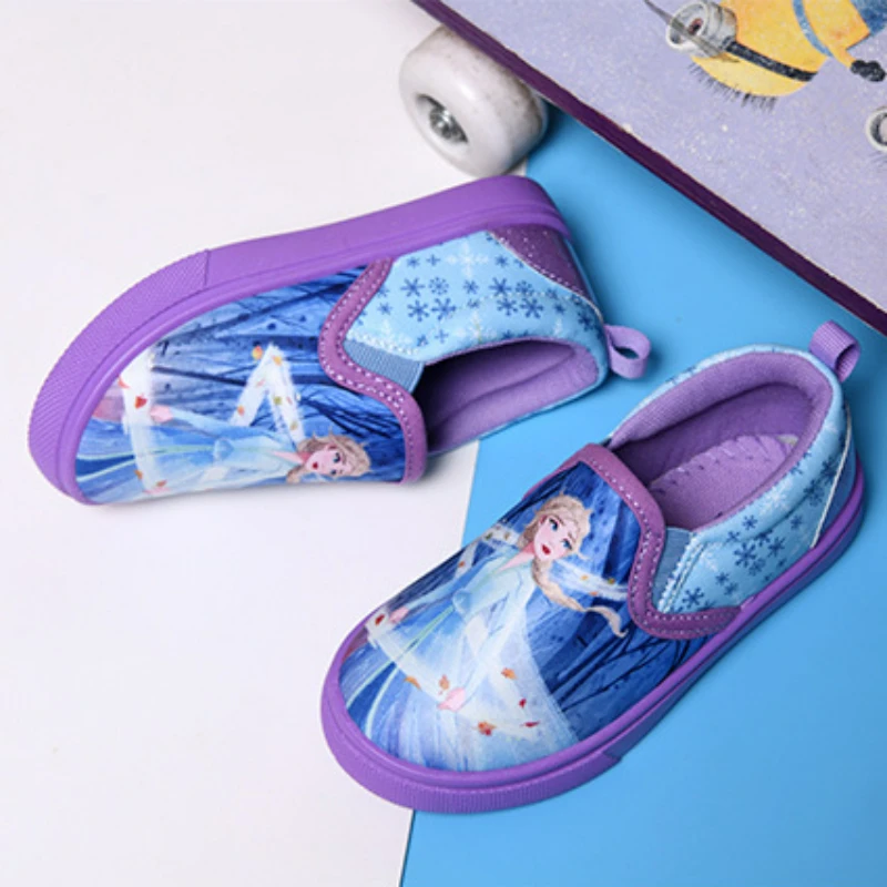 Disney Children\'s Casual Canvas Shoes Cartoon Priness Elsa Pattern Girls\' Cartoon Breathable Shoes Student Blue Shoes Size 26-29