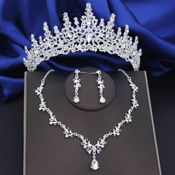 Quality Silver Color Water Drop Bridal Jewelry Sets Princess Tiaras Necklace Earrings Wedding Crown Jewellry Set for Brides