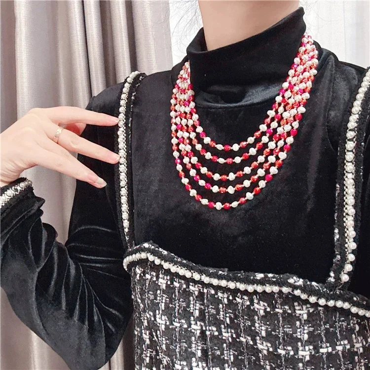 Natural Baroque shaped pearl and red crystal with multi-layer sweater necklace