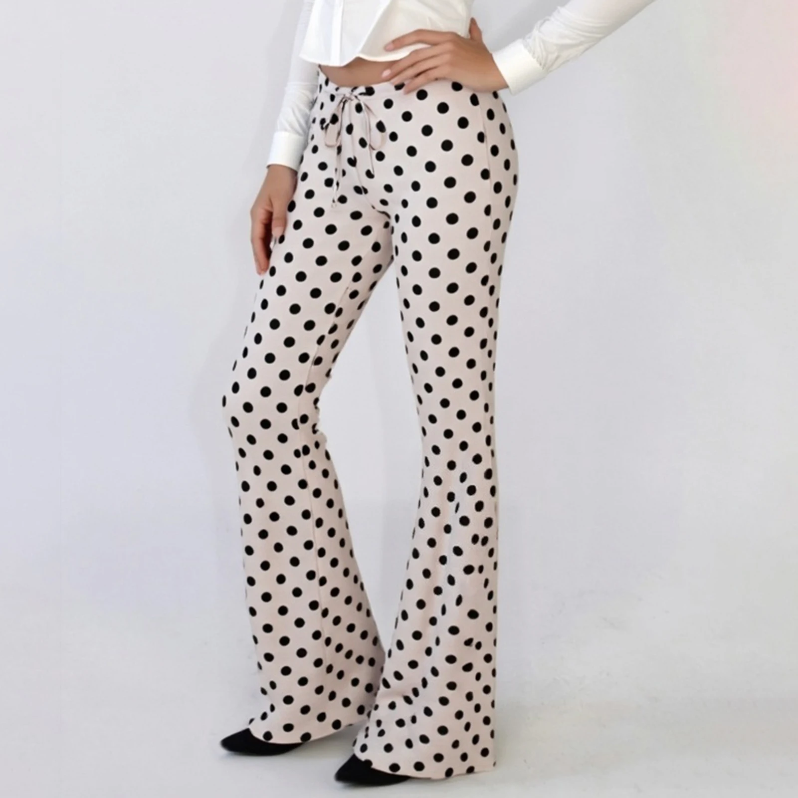 Desginer Women's Dot Print Casual Pants Drawstring Low Waist Flare Leg Trousers for All Seasons