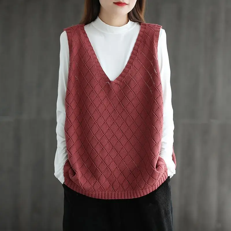 New Art Retro Hollow Hook Flower Vest for Women Spring and Autumn Outwear Versatile Knitted Vest Loose Coat for Women