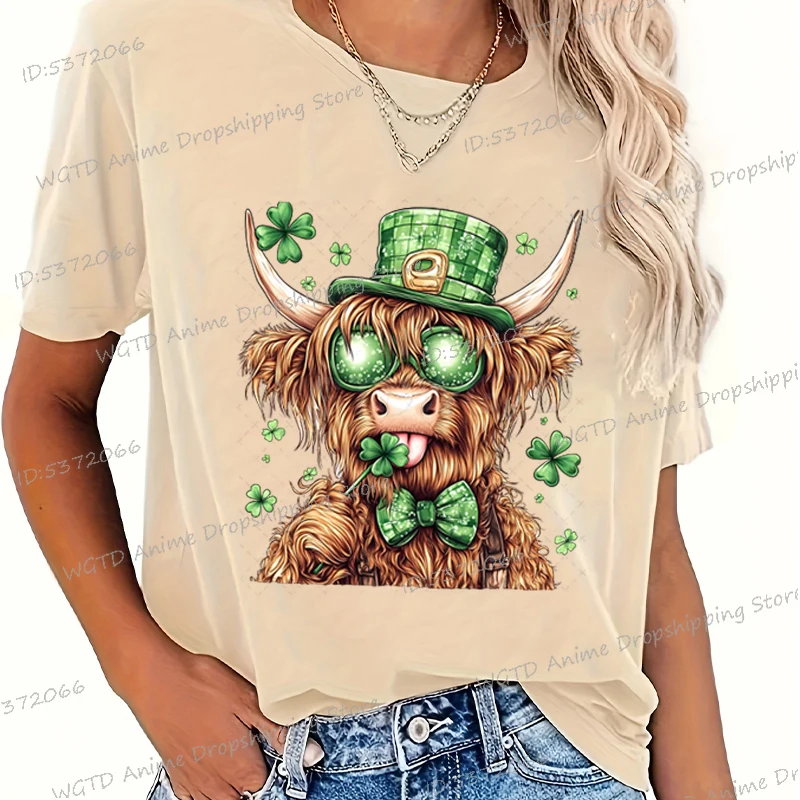 Women's St.Patrick's Day Shamrock T Shirt Tops New Funny Mountain Cattle Tshirts Short Sleeve Crew Neck Casual Female T-shirts