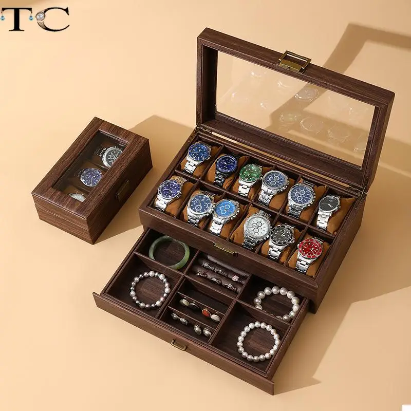 Vintage Wood Leather Soft Pillow Watch Box Watch Jewelry Storage Box Double Layer Watch Collection Box