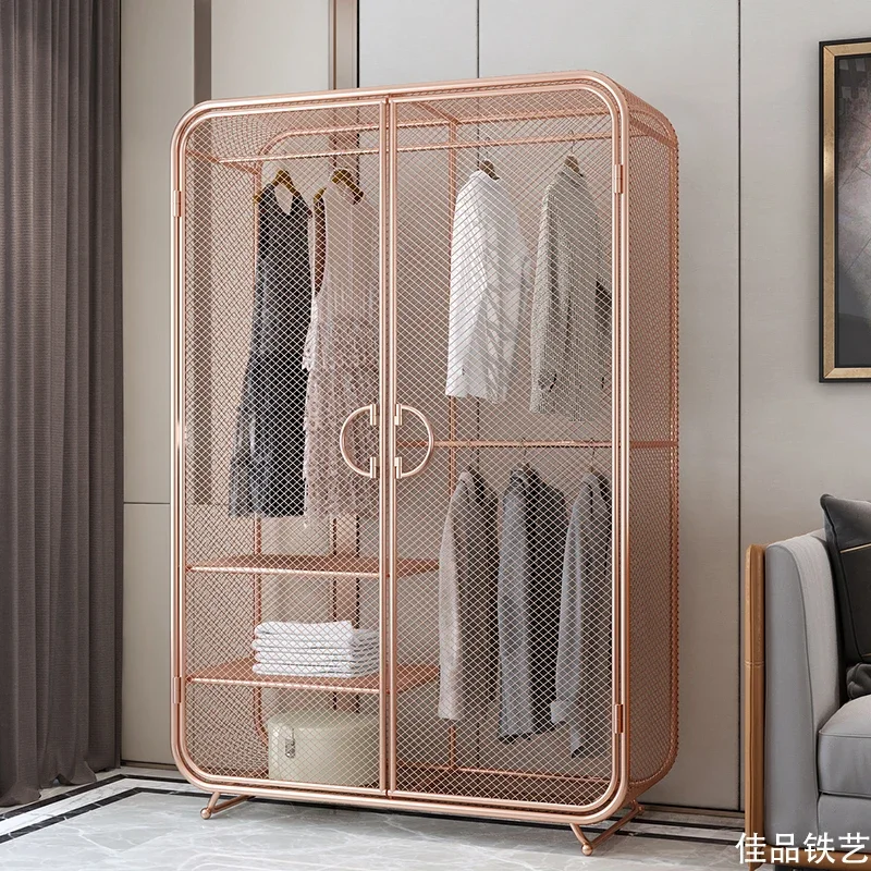 Nordic Wrought Iron Storage Wardrobe B&B Small Apartment Grid Gold Girls Metal Girls Show Wardrobe