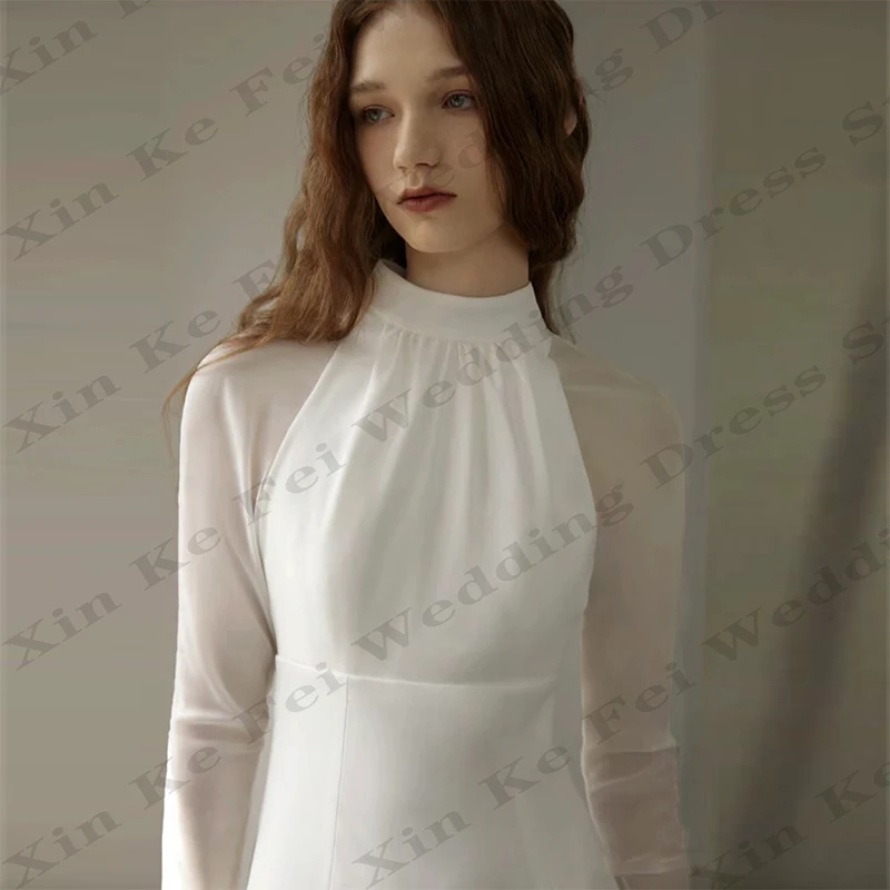 Vintage Simple Women's Bridal Dresses Satin Long Sleeve High Neck Elegant Princess Wedding Dress Welcoming Guests Formal Beach