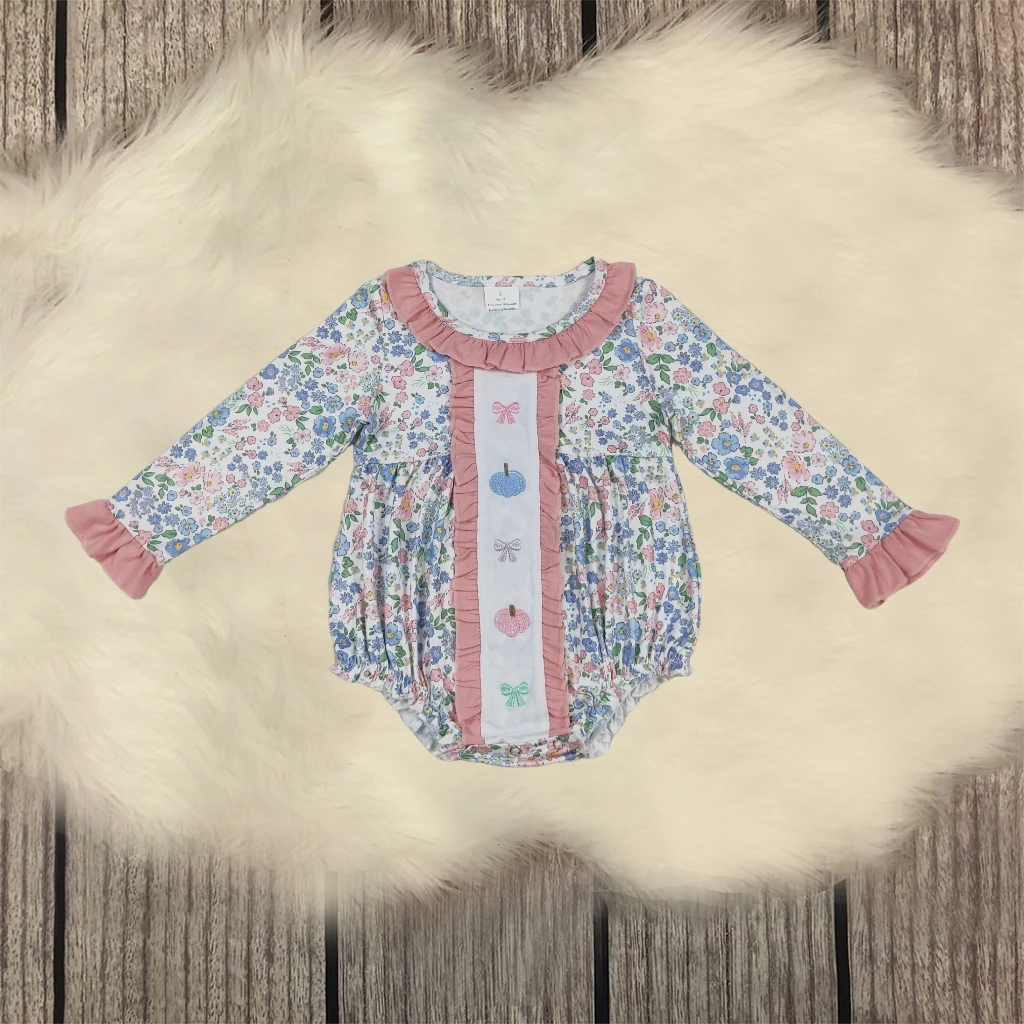 

Newborn Toddler Thanksgiving Baby Girl Bubble Romper Kids Embroidery Pumpkins Bows Floral Romper Pink Ruffle Coverall Bodysuit