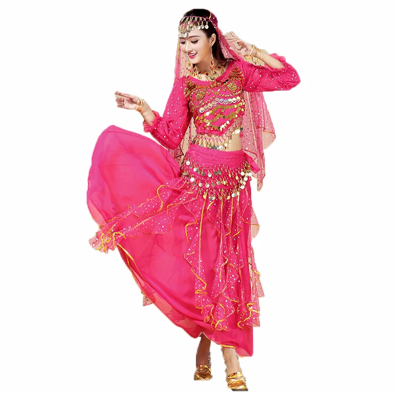 

Women Halloween India Dance Costume Set Lady's Chiffon Tops+Skirt+Waist Chain Belly Dance Outfit Set Stage Performance Clothes