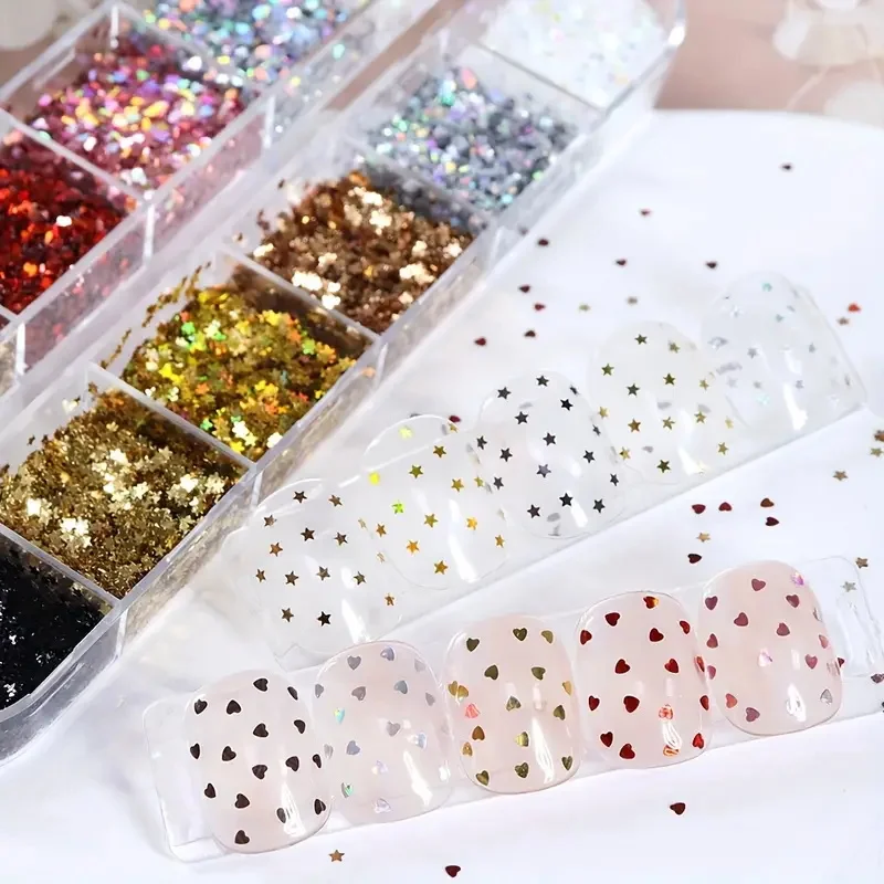 12グリッドグリッター五芒星ネイルフレークY2Kミニレーザースターハートネイルスパンコールエポキシ樹脂モールドフィラーマニキュアデコレーション