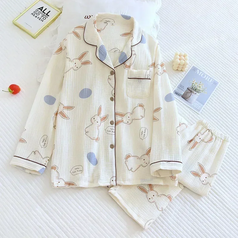 Clothes Yarn Cotton Pyjamas Piece Spring Set 2 Nightwear Home Rabbit Women Loungewear Pijama Female Pajamas Cute Sleepwear