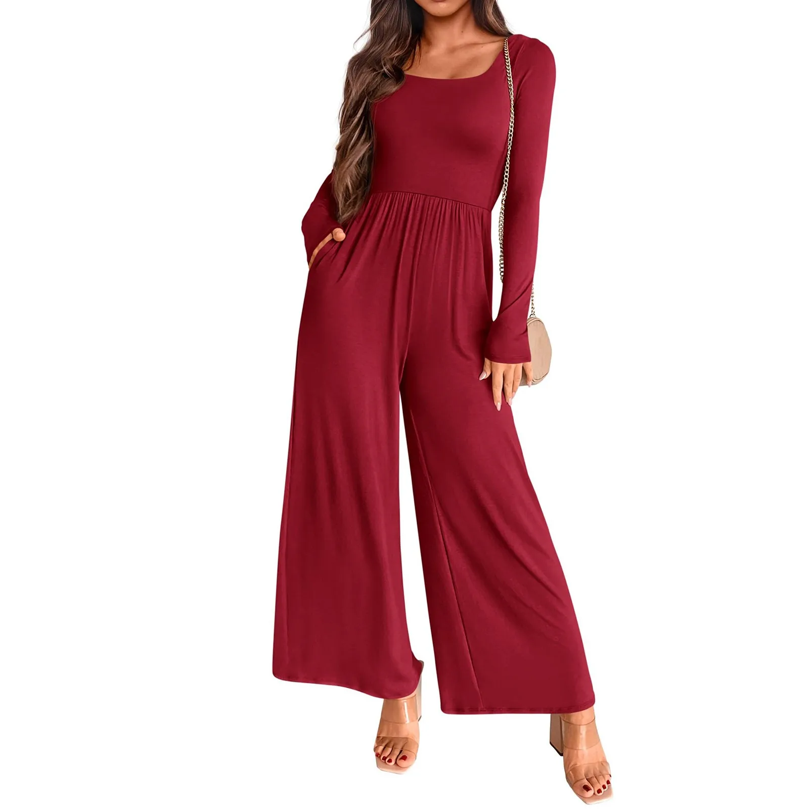 2024 Spring New Style High Waist Pleated Jumpsuit Women's Solid Color Square Neck Long Sleeve Commute Daily Wide Leg Long Pants